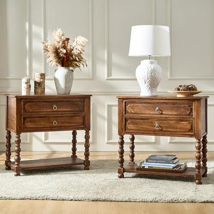 HULALA HOME Farmhouse End Table with Charging Station, 2PK Walnut | Open Shelf Storage, Drawer Organization, Spindle Legs, Solid Wood Details - color: Walnut