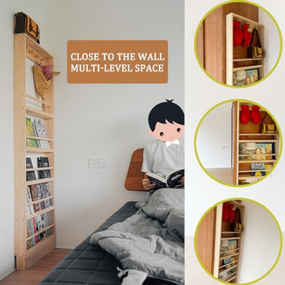 Wooden Kids Bookshelf, Wall Mount Shelf with Hooks, Organizer for Toys and Books, Space-Saving