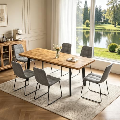 Extendable Dining Table Set for 6 to 8 People, 63" to 78.7" Modern Kitchen Table Set with 6 Chairs, MDF Dining Room Table and Chairs with Removable Extension Leaf (Walnut Table+U-Shaped Grey Chairs) - color: 63'' - 78.7'' Walnut Table+6 U Grey Chairs