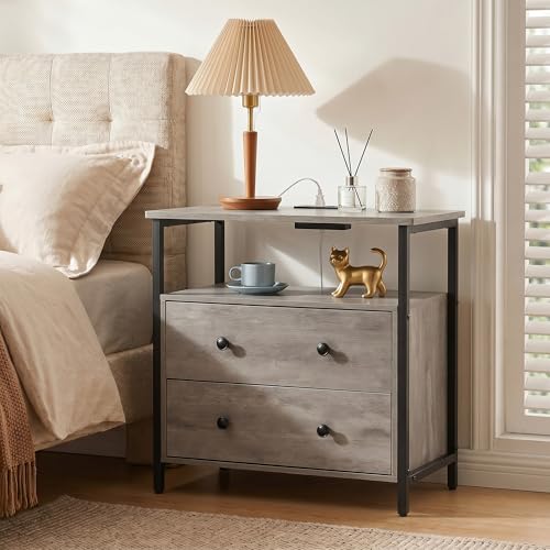 Edbuosy 27 inch Wide Night Stand with Charging Station, Bedside Table with Open Shelf, 2 Drawers Small Wood Dresser, Modern Wood Nightstand for Bedroom/Living Room, Rustic Gray - color: Rustic Gray, size: 27"W-2 Drawers