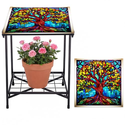 Cinnvoice Outdoor Side Table 2-Tier Storage Square Small Mosaic Patio Accent Indoor End Plant Coffee Tea Table for Yard Patio Porch Garden Living Room, Bedroom(Tree of Life Style) - style: Tree of Life Style