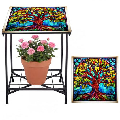 Cinnvoice Outdoor Side Table 2-Tier Storage Square Small Mosaic Patio Accent Indoor End Plant Coffee Tea Table for Yard Patio Porch Garden Living Room, Bedroom(Tree of Life Style) - style: Tree of Life Style