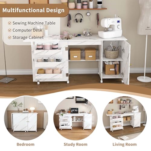 4-in-1 Folding Sewing Table with Storage, Sewing Desk Foldable with Lockable Wheels & Power Socket, Sewings Machine Cabinet & Craft Desk with Shelves, Compact Design (White, 57 Inch) - color: White, size: 57 Inch