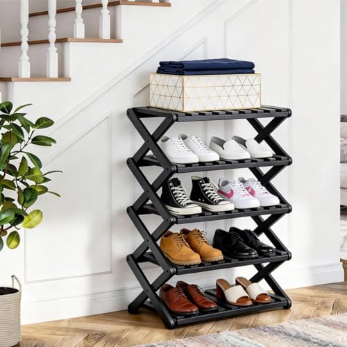 5 Tier Bamboo Shoe Rack Black,Portable Folding Shoe Storage Rack,Without Installation Small Shoe Rack Perfect for Corridors, Drom, Bedrooms and Small Spaces - color: Black, size: 5 Tier