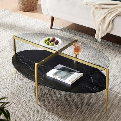 LumFurn Oval Glass Coffee Table, Mid-Century Modern Design, L43 x W22 x H17 inch, Surfboard Shaped Grey Glass Top and Black Marble Finish Wood Shelf, Tapered Legs with Gold Finish Frame - color: Grey & Black Marble, size: L43" Surfboard Coffee Table