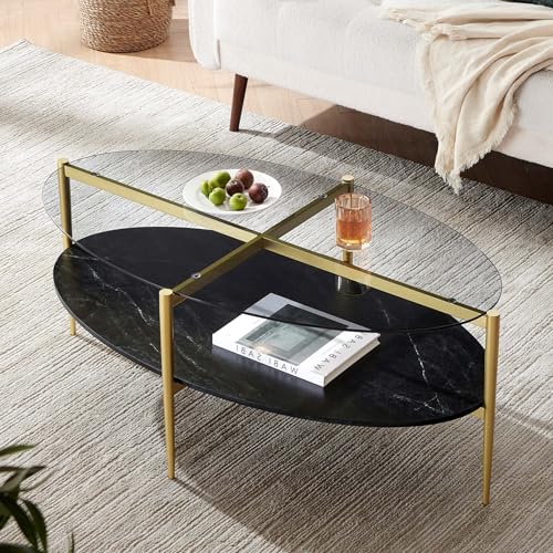 LumFurn Oval Glass Coffee Table, Mid-Century Modern Design, L43 x W22 x H17 inch, Surfboard Shaped Grey Glass Top and Black Marble Finish Wood Shelf, Tapered Legs with Gold Finish Frame - color: Grey & Black Marble, size: L43" Surfboard Coffee Table
