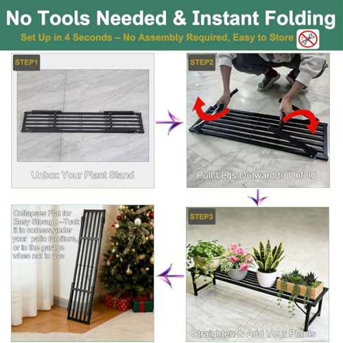 Foldable Plant Stand, No Assembly Heavy Duty Iron Plant Shelf, Rustproof Single Tier Plant Rack for Indoor Outdoor, Long Narrow Flower Stand for Patio Balcony Garden Living Room, 33" L x 9.7" W x 11.7" H - size: L33”xH11.7"xW9.7"