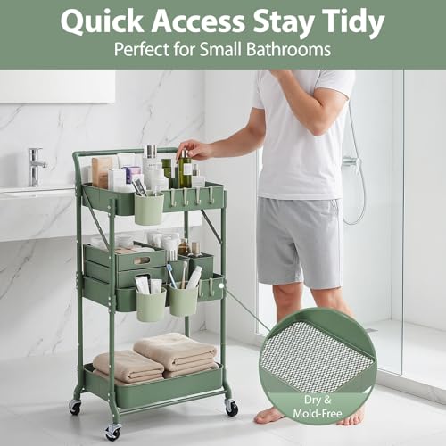 Amatic 3-Tier Folding Rolling Utility Cart with Wheels, Metal Foldable Storage Cart Organizer with 3 Hanging Cups & 6 Hooks for Kitchen, Office, Living Room, Nursery(Green) - color: Green