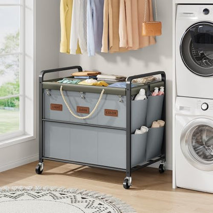 350L Extra Large Laundry Cart 6 Section, Grey | Large Capacity, Heavy Duty Lockable Wheels, Sturdy Metal Frame, Leather Patchwork, Removable Bags - color: Grey, size: 6 Bag 350L