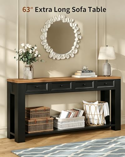 FUSOU 63 Inch Console Table, Sofa Table Behind Couch, Entryway Table with 4 Drawers & Open Shelf, Farmhouse Sofa Table for Living Room (Black) - color: Black
