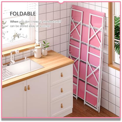 4NM Extra Wide 5 Tiers No Assembly Book Shelves, 51.2" H Folding Bookshelf Bookcase Open Industrial Foldable Shelves for Bedroom, Living Room, Home Office - Pink White - color: Pink White, size: Wide XX 5-Tier