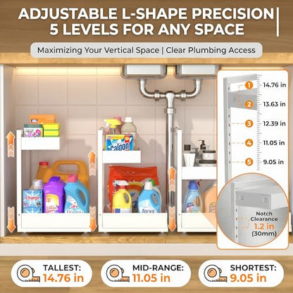 Under Sink Organizer 2 Pack, 2-Tier Metal Slide-Out Cabinet Organizer and Storage for Bathroom Kitchen, Height Adjustable Under Sink Storage Shelf with Pull-Out Drawer (2 Sets)