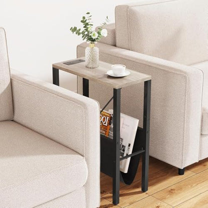 Narrow End Table with Charging Station, Slim Sofa Side Table with USB Ports & Outlet, Narrow Nightstand with Storage Bag, Small Side Table for Small Spaces, Living Room, Bedroom, Greige - color: Greige