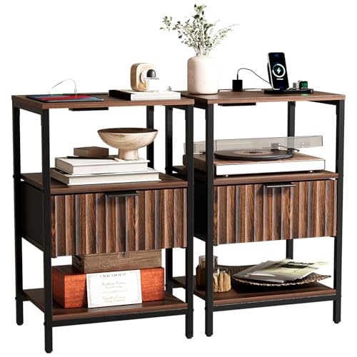 Bonnlo Fluted Nightstand Set of 2, End Table with Fabric Drawer with Charging Station, Night Stand with Storage Shelf & Handle, Fluted Side Table for Bedroom/Living Room,Walunt - color: Walnut, size: 1 Drawer