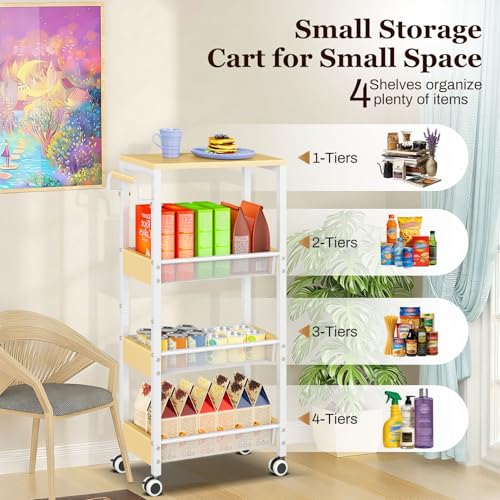 Utility Slim Storage Cart with Wheels, 4 Tier Slim Rolling Cart, Slim Rolling cart for Kitchen,Small Rolling Cart with Wood Top, Skinny Metal Organization Trolley Laundry with Handle for Small Space