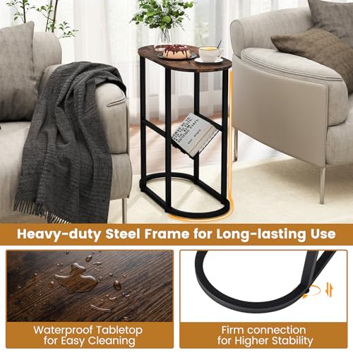 Tangkula Oval Narrow Side Table, 2-Tier End Table w/Mesh Magazine Rack, Steel Frame, Industrial Nightstand, Compact Sofa Bedside Table for Living Room Bedroom, Rustic Brown & Black - color: Rustic Brown & Black