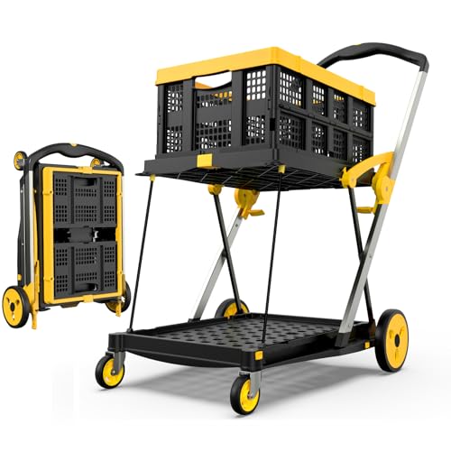 TOLRET Collapsible Shopping Cart with Wheels, 200 lbs Capacity Grocery Cart on Wheels with Storage Crate, Platform Hand Truck with Foot Brake, Yellow - color: Yellow, size: Cart