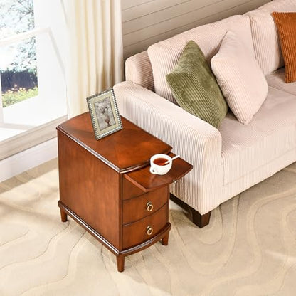Solid Wood End Table with 3 Drawers and Slide-Out Coffee Tray | Cherry Red American Beside Table, Sofa Chair Side Table Nightstand for Living Room Bedroom, Rustic Wood Grain Accent Table - size: 22.6" Wood End Table