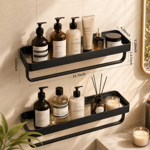 VOLPONE Bathroom Wall Shelf Black Glass Shelves 15.7in Bathroom Shelves with Towel bar Towel Shelf Wall Mounted 2 Tier - style: 2 tier with towel bar-black