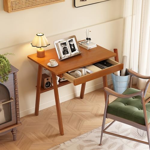 Solid Wood Desk with Drawers - 31.5 Inch Mid Century Modern Desks with Storage Shelf, Small Writing Desk for Small Spaces, Home Office Desks for Bedroom & Home, Walnut Color - color: Walnut, size: 31.5 in W x 21.7 in D