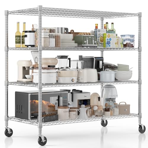 Homdox Heavy Duty Metal Shelves for Storage, 4 Tier Storage Racks and Shelving, Commercial Adjustable Wire Shelving Unit on Wheels, Garage Rack Pantry Shelves Kitchen Shelving, 24"x60"x72", Chrome - color: Chrome, size: 24"Dx 60"Wx 72"H, 4 Tier
