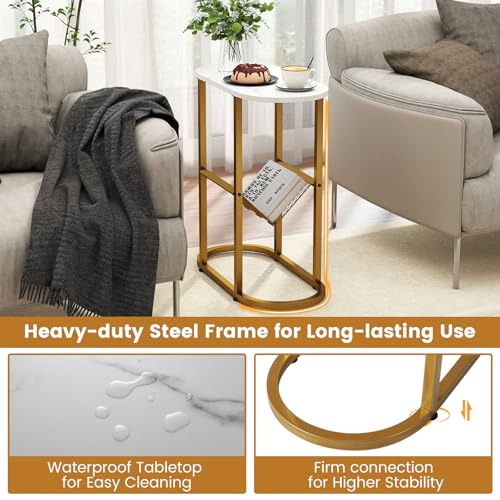 Tangkula Oval Narrow Side Table, 2-Tier End Table with Mesh Magazine Rack, Steel Frame, Industrial Nightstand, Compact Sofa Bedside Table for Living Room Bedroom, White & Gold - color: White & Gold