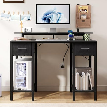 Furnify 42 Inch Computer Desk with Fabric Drawers & USB Power Outlet, Black | Built-In USB Charging Station, Study Writing Table with Monitor Stand, Multifunctional Workstation for Bedroom Studyroom - color: Black
