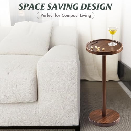 BLUEWEST Drink Table, 24.4" Tall Compact Side Table with Phone Slot and Weighted Base, Durable Pedestal Table Accent for Living Room (Flat, Walnut) - color: Large Walnut