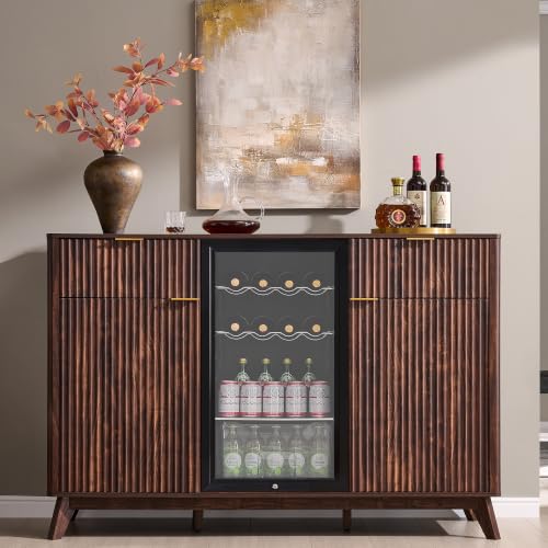 OKD 60" Fluted Coffee Bar Cabinet with Mini Fridge Space, Dark Walnut | Mini Fridge Compatible, Built In Charging Station, 3 Stemware Racks, 2 Drawers, 2 Cabinets, Home Bar Cabinet Storage - color: Dark Walnut