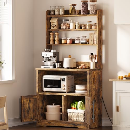 GarveeHome Bakers Rack with Power Outlet and 2 Doors, 63" Tall Farmhouse Wood Microwave Stand with Hutch & 3 Shelves, Coffee Bar Cabinet with Thick Counter, Sturdy Frame, for Kitchen, Rustic Brown - color: Rustic Brown, size: with 2 Wood Door