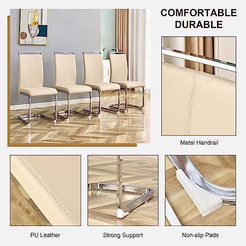 Baysitone Modern Dining Chairs Set of 4, Side & Kitchen Chairs with Silver Frame, Faux Leather Padded Seat High Back, for Dining, Kitchen & Living Room - Beige - color: Beige, size: Set of 4
