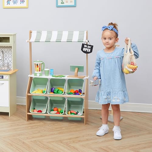 Teamson Kids Little Helper Wooden Farmer's Market Stand with Pretend Cash Register and 6 Plastic Storage Bins, Green, TD-13638A-AMZ | Pretend Grocery Store Playset, Cash Register Toy, 6 Storage Bins, Awning, Ages 3+ - style: Market Stand w/ Storage