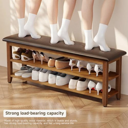 Shoe Bench with Leather Cushion,Rubberwood Bench with Shoe Rack | 2-Tier Shoe Storage Organizer for Entryway,Hallway,Living Room - size: 2-Tier-47.3"