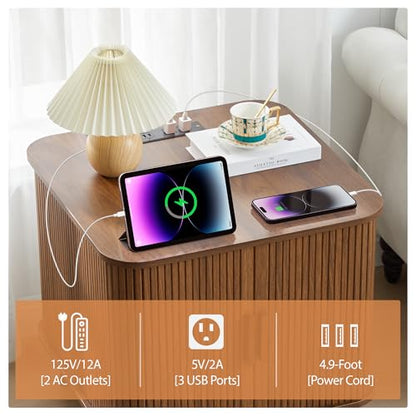 AVZEAR 24" Large Square End Table with Charging Station, Farmhouse Fluted Sofa Side Table with Sliding Tambour Door & Storage, Curved Rustic Wood Nightstand for Living Room, Bedroom, Walnut - color: Walnut