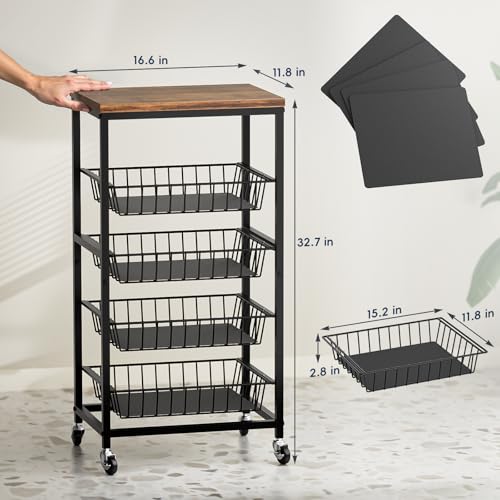 Fruit Vegetable Cart, 4-Tier Snack & Kitchen Cart on Wheels with Storage, Pull-Out Baskets & Wood Top, Rolling Organizer for Pantry, Living Room (Brown) - color: Brown