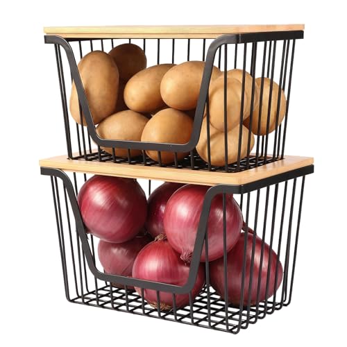 2 PACK Pantry Organizers and Storage, Stackable Onion Potato Bins | Large Wire Storage Basket, Breathable Design for Onion, Potato, Garlic, Fruit, Vegetables Fresh, Kitchen Pantry Storage - size: 2PACK