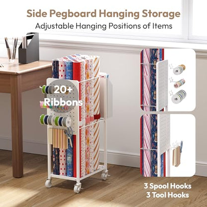 Wrapping Paper Storage Cart Station with 12PCS Slap Bands | Rolling Gift Wrap Storage Organizer, Vertical Wrapping Paper Cart, Ribbon Holder Rack, Craft Organizers and Storage Christmas