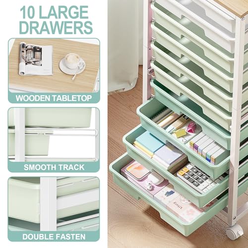 SYKIARIOL Rolling Cart with Drawers,10 Drawer Rolling Cart,Storage Cart,Utility Cart,Teacher Cart for Classroom Storage,Craft Cart with Wheels and Wooden Tabletop,Green - color: Green