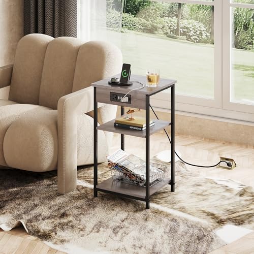 WLIVE Grey End Table with Charging Station, Small Night Stand | Side Tables with Storage Adjustable Shelf for Small Spaces; Bedside Tables for Living Room, Bedroom - color: Grey