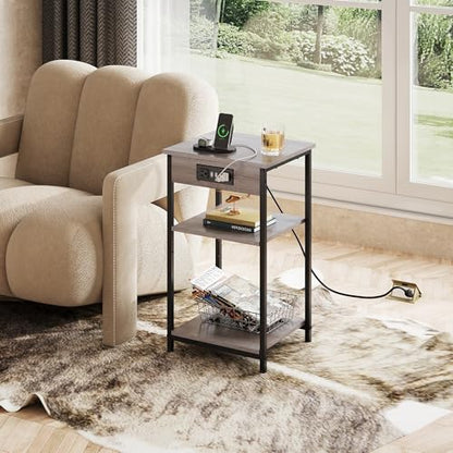 WLIVE Grey End Table with Charging Station, Small Night Stand | Side Tables with Storage Adjustable Shelf for Small Spaces; Bedside Tables for Living Room, Bedroom - color: Grey