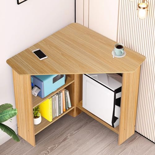 Talent Star Corner Computer Desk, Small Desk with Drawers and Open Shelves Small Study Table Triangle Desk with Storage CPU Stand Compact Home Office Triangle Table Workstation Light Brown