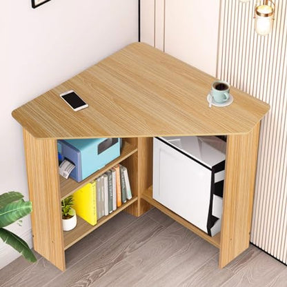 Talent Star Corner Computer Desk, Small Desk with Drawers and Open Shelves Small Study Table Triangle Desk with Storage CPU Stand Compact Home Office Triangle Table Workstation Light Brown
