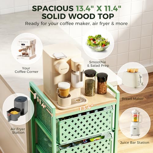 5 Tier Kitchen Storage Cart with Wheels, Utility Fruit Vegetable Storage Rack Stand with Pull-Out Baskets & Wood Top, Metal 4-Drawers Rolling Snack Cart, Kitchen Cart for Potato Onion(Green) - color: Green