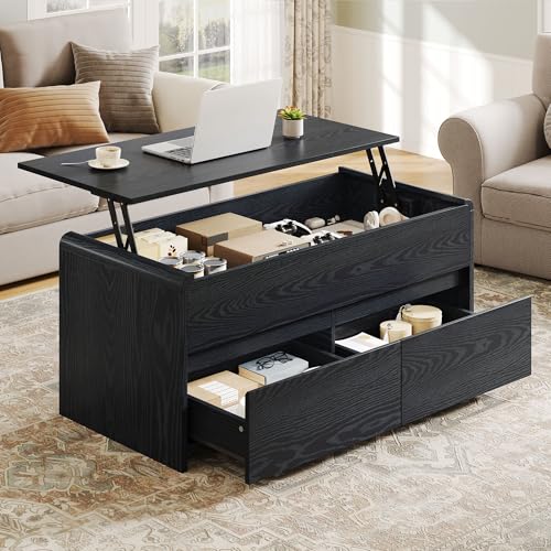 Coffee Table with Storage Drawers, Lift Top Coffee Table with Large Hidden Compartment, 2 Drawers, Lift Tabletop Dining Table for Living Room, Curved Corner, Home Small Space, 39in, Black - color: Black-large Drawers