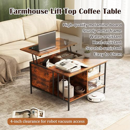 31.5" Farmhouse Coffee Table, Lift Top Coffee Square Table with Storage Compartment, Wooden Rustic Cocktail Table for Living Room, Bedroom, Apartment, Studio, Walnut - color: Walnut