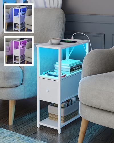 TUTOTAK Small Narrow LED End Table with Charging Station, Side Table Outlets, Nightstand with Cloth Drawer, Set of 2, Couch Table, for Living Room, Bedroom, Bedside, White TB01BW059 - color: White, style: 1 Drawer with Plug & Light