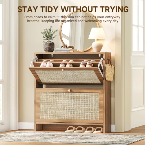 Nicetree Shoe Cabinet Storage for Entryway, 2-Flip Drawer Narrow Shoe Rack, Organic Modern Rattan Shoe Organizer with Gold Legs, Shoe Organizer Fits Men's Size 13.5, Toasted Caramel Walnut