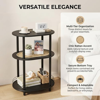 Small Rattan Side/Accent Table with Storage, 3 Tier Round/Oval End Table with Rattan Shelf & Metal Basket, Boho Nightstand, Tool Free Assembly/Screw-Hole Free Tabletop-Living Room Bedroom-Black - color: Black-rattan, size: 1PC