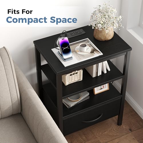 DUMOS Nightstand with Charging Station, Bedside Table with 1 USB-A, 1 USB-C & 2 AC Outlets, Fabric Drawer with Adjustable Open Shelf, Compact End Table for Bedroom, Black - color: Black, size: 15.7"Dx11.8"Wx23.4"H(1 Drawer, 1 Pack)