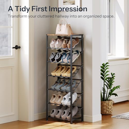 HOOBRO Narrow Shoe Rack for Small Spaces, Slanted Shoe Organizer for Entryway, Slim Angled Shoe Storage Rack for Closet, Space Saving 7 Tier Shoe Shelf Holds 6-12 Pairs, Rustic Brown BF72XJ01 - size: 7 Tier ( 45.9"H)